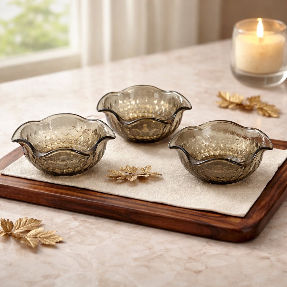 Indiana Glass Set of 3 Smokey Color Diamond  pattern and ruffled edge Bowls